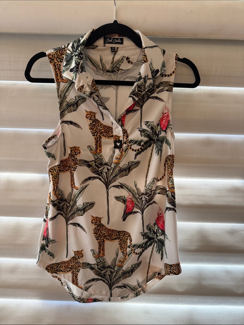 Bad Birdie White Tropical Leopard & Palm Print Sleeveless Collared Tank